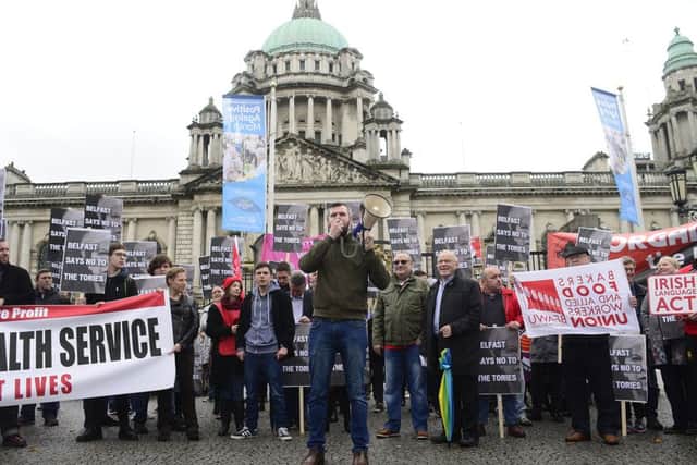 Gerry Carroll MLA addressing a rally against NHS and school cutbacks at Belfast City Hall, October 1, 2017