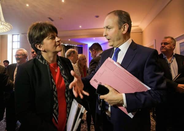 The Fianna Fail Leader, Micheal Martin talks to the DUP leader Arlene Foster at the inaugural Killarney Economic Conference in Co Kerry, where the DUP chief called for closer Anglo-Irish relations, on Saturday January 13, 2018. Days later, Mr Martin revealed that he supported legalisation of abortion in the Republic the first 12 weeks of pregnancy. Photo: Valerie O'Sullivan/PA Wire