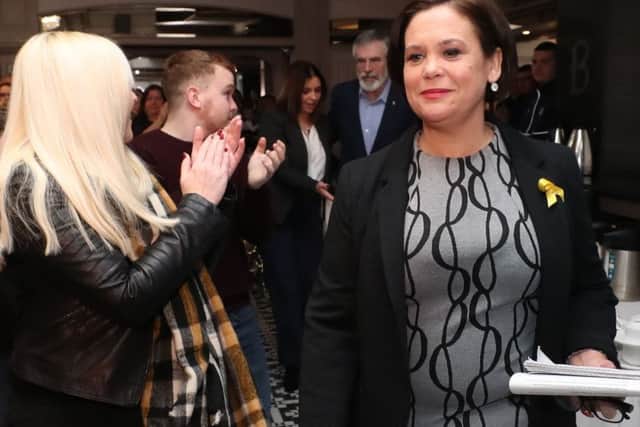 Mary Lou McDonald arrives at Sinn Feins ard comhairle at the Balmoral Hotel in Belfast on Saturday