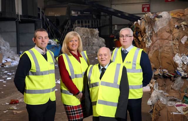 Pictured in the dry recyclables area at Irish Waste Services are: (l-r) Warren Devine, Sales Manager at Irish Waste Services; Heather Moore, Director of Environmental Services at Lisburn and Castlereagh City Council; Alderman Tommy Jeffers, Chairman of the council's Environmental Services Committee, and Jason McPolin, Managing Director of Irish Waste Services.