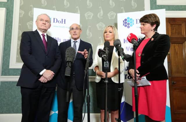 The late Martin McGuinness, Michelle ONeill and Arlene Foster pictured with Prof Rafael Bengoa who told them of the need for fundamental health reform