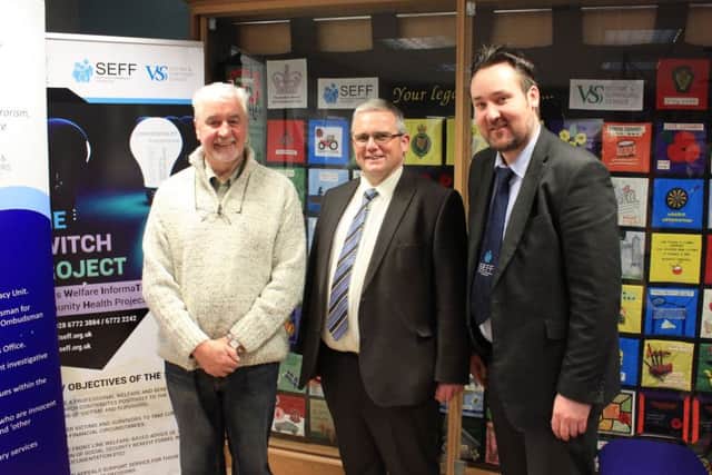 Rev Peter McIntyre of Clogher Valley Free Presbyterian Church, centre, with Eric Brown (South East Fermanagh Foundation Chairman)  and Kenny Donaldson (SEFF's Director of Services) at SEFF, Lisnaskea, on January 10, when he gave a presentation to victims and survivors