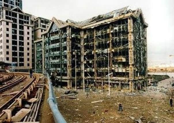 The scene of the 1996 IRA Canary Wharf bombing in London in which Mrs Bashir lost her son, Inam