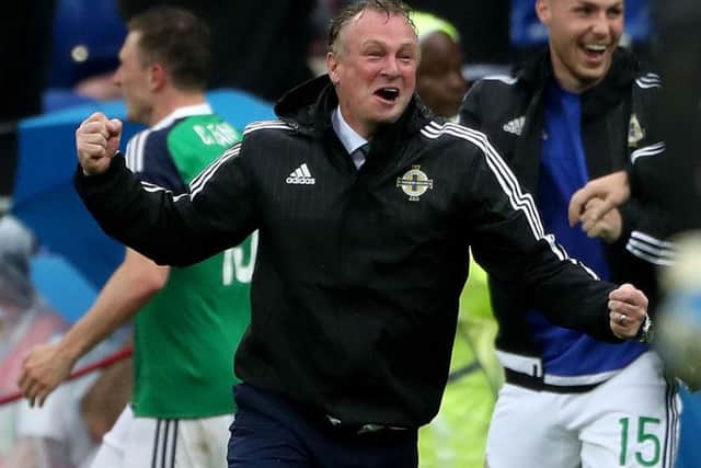 Magic moment: Michael O'Neill celebrates THAT win over Ukraine in Euro 2016