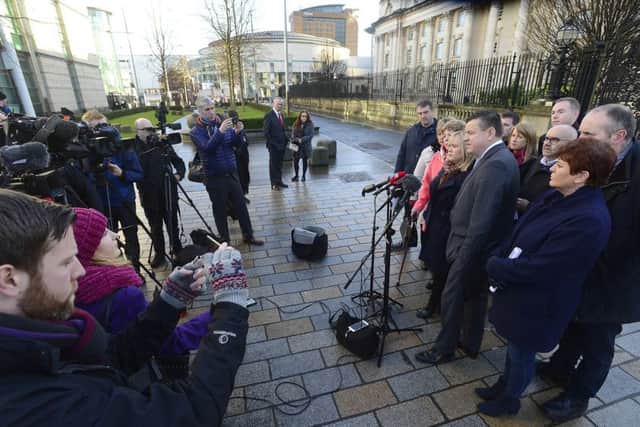 A lawyer for relatives of the Loughinisland dead speaks to the media outside the High Court yesterday. Sinn Fein politicians were in court for the ruling.
Photo Arthur Allison/Pacemaker Press
