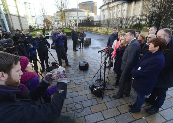 A lawyer for relatives of the Loughinisland dead speaks to the media outside the High Court yesterday. Sinn Fein politicians were in court for the ruling.
Photo Arthur Allison/Pacemaker Press