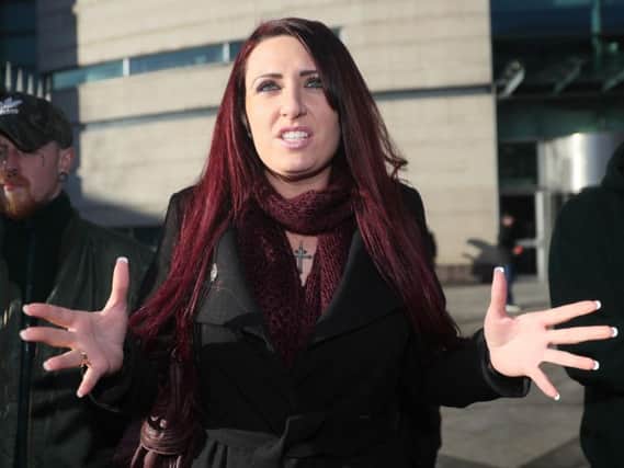 Britain First Deputy Leader Jayda Fransen leaves Belfast Laganside Courts, where she faced charges related to comments made about Islam.