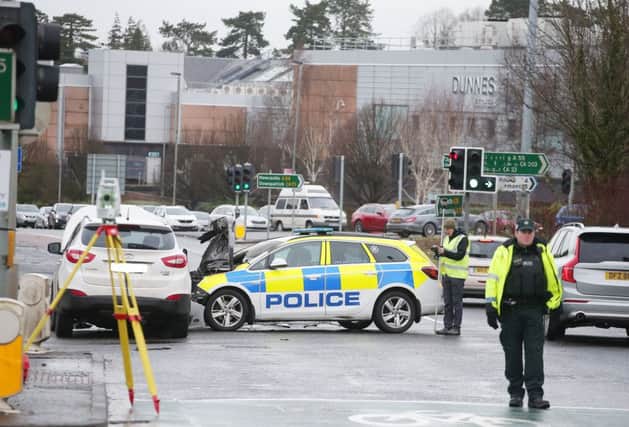 The scene on the Knock dual carriageway beside Forestside in south Belfast where a police car was in collision with another vehicle on Saturday morning. 

Picture by Jonathan Porter/PressEye