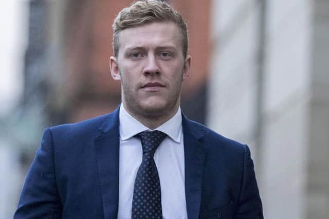 Ireland and Ulster rugby player Stuart Olding arrives at Belfast Crown Court