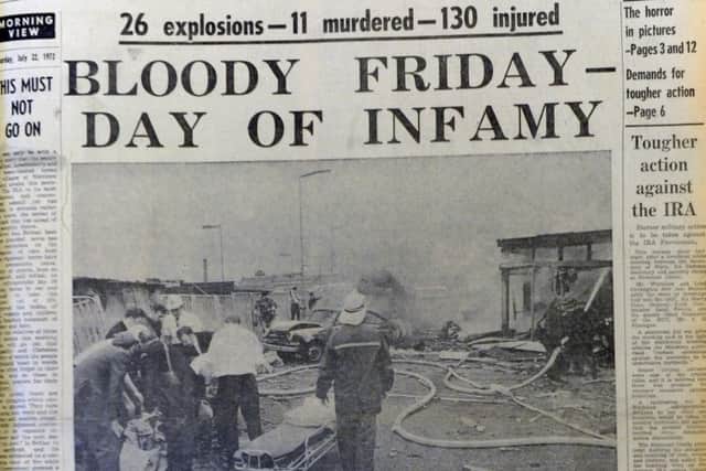 The front page of The News Letter after Bloody Friday in 1972, when the IRA exploded 19 bombs across Belfast in little over an hour, killing nine people and injurying 130.