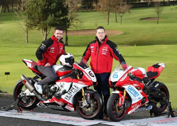 William Dunlop launched his 2018 Temple Golf Club Yamaha R1 and R6 machines at Temple Golf Club, Saintfield, with team boss Tim Martin.
 PICTURE: STEPHEN DAVISON