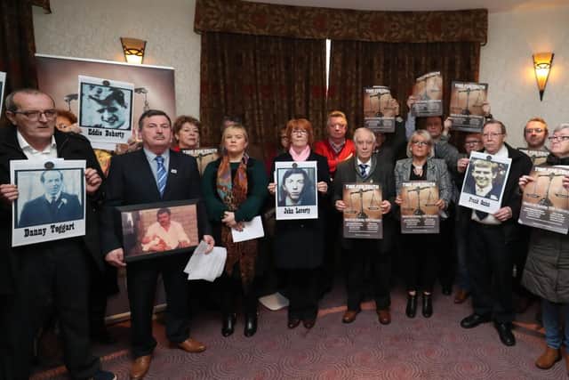 Relatives of those killed in the Loughinisland, Ballymurphy, McGurks Bar, Springhill, Kelly's Bar and New Lodge atrocities at the Europa Hotel in Belfast