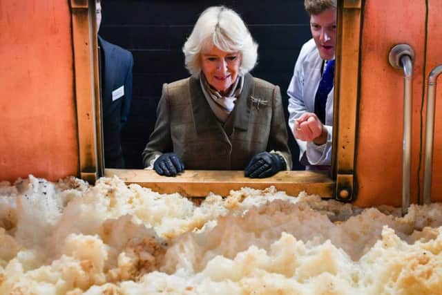 The Duchess of Cornwall looks at fermenting beer in a fermenting vessel as she is given a tour of Arkell's Brewery in Stratton, Swindon during a visit to mark their 175th anniversary year.