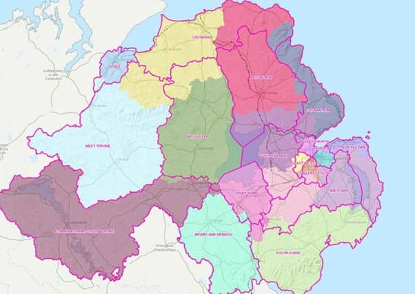 The revised proposal for the electoral boundaries in Northern Ireland. The lines show the new planned constituencies, whilst the colours show the current boundaries.