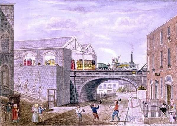 Rear of Westland Row Station, Dublin. First D&K train. 1834. Painting by John Harris