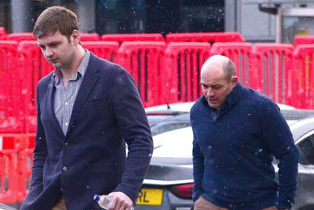 Iain Henderson (left) and Rory Best, Ulster and Ireland team-mates of Jackson and Olding, arrive at Belfast Crown Court