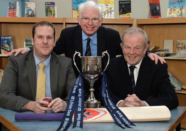 Mark McKelvey (left) Belfast CEO of Ulster Bank announced a two year extension of the Bank's Schools' Cricket Cup at yesterday's Draw for the opening rounds. Also pictured are Dr. Murray Power (centre) Chairman of the Schools' Committee and Richard Johnson, Vice-President of the Northern Cricket Union.