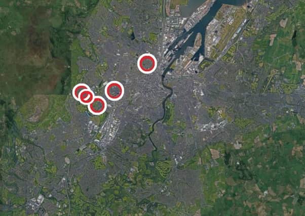 Google map file showing the rough locations of shootings of people in Belfast, as reported by police, between December 30, 2017 and January 30, 2018