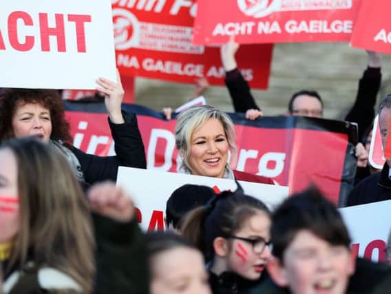 Sinn Fein leader in Northern Ireland Michelle O'Neill joins Irish language act campaigners, including pupils from Irish-medium schools across Northern Ireland, take part in a protest at Stormont parliament buildings in Belfast, ahead of their meeting with Northern Ireland Secretary Karen Bradley