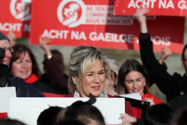 Sinn Fein leader in Northern Ireland Michelle O'Neill joins Irish language act campaigners, including pupils from Irish-medium schools, in a protest at Stormont on Thursday. Photo: Brian Lawless/PA Wire