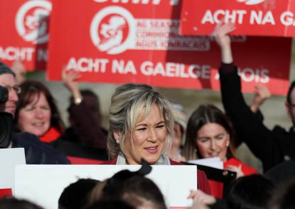 Sinn Fein leader in Northern Ireland Michelle O'Neill joins Irish language act campaigners, including pupils from Irish-medium schools, in a protest at Stormont. Photo: Brian Lawless/PA Wire