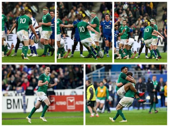 A sequence of pictures as outhalf Jonathan Sexton drops a goal which sees Ireland home to a last gasp 15-13 win over France in Paris