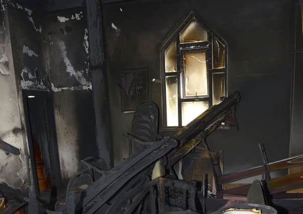 Scene of an arson attack on a Gospel Hall. Fire crews were called to Ballymagarrick Gospel Hall, between Lisburn and Carryduff, on Sunday after an overnight arson attack, the hall has been gutted.
Picture By:  Arthur Allison/Pacemaker Press