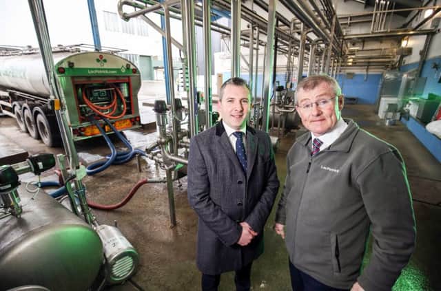 Mark Canning, Corporate Acquisition Manager at Danske Bank, pictured with Gabriel DArcy, Chief Executive of LacPatrick, at the Artigarvan facility.