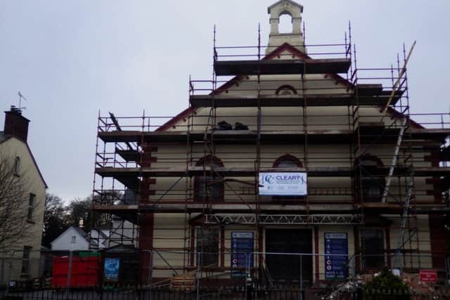 Scaffolding covers the front of Molesworth Presbyterian Church.