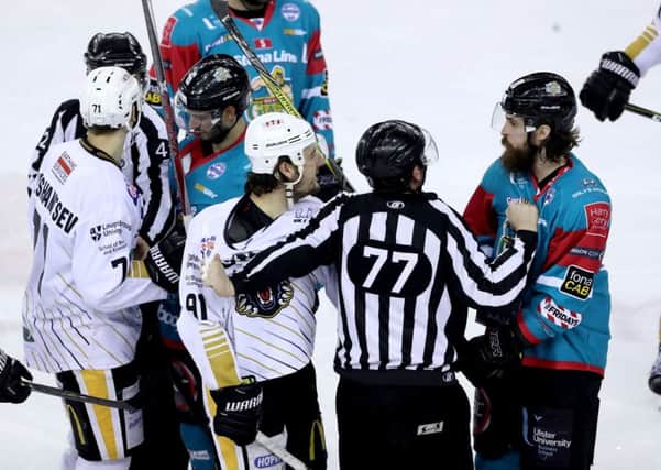 Belfast Giants Ryan Martinelli with Nottingham Panthers Raphael Bussieres