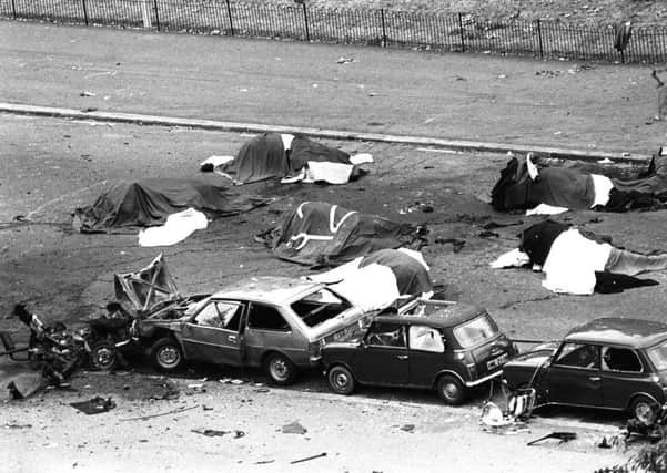 The aftermath of the Hyde Park bombing on July 20, 1982, in which soldiers and horses were killed