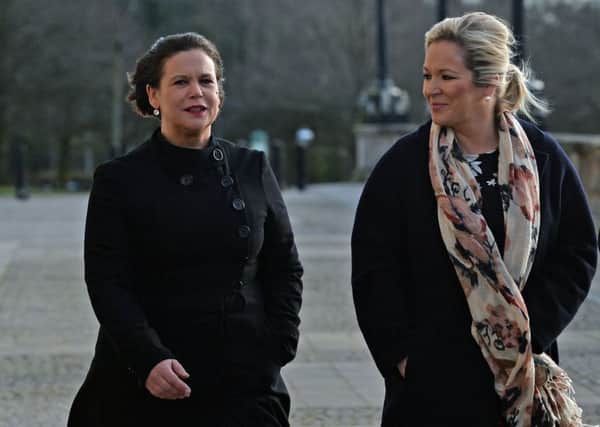 Mary Lou McDonald, the incoming president of Sinn Fein, with Michelle ONeill, the partys Northern Ireland leader at Stormont recently for the talks. 
Pic Colm Lenaghan/ Pacemaker