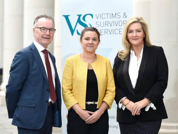 Undated handout photo issued by Victims and Survivors Service (VSS) of (left to right) Chair of the VSS Oliver Wilkinson, VSS CEO Margaret Bateson, and CEO of the Special EU Programmes Body Gina McIntyre
