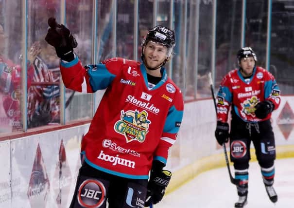 Belfast Giants Sebastien Sylvestre celebrates scoring against the Nottingham Panthers during Wednesday nights Challenge Cup Semi-Final (2nd leg) game at the SSE Arena. William Cherry/Presseye