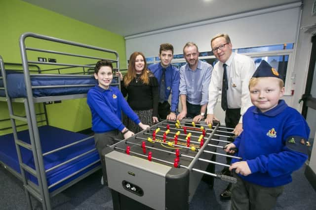 Christo Tsoutsis, Niamh-Anne McNally from The Alpha Programme, Jason Tsoutsis, Richard Rogers from Groundwork NI, Drew Buchanan MBE, Chair of Newport Delivery Group of The Boys Brigade Northern Ireland District and Ryan Wilkinson pictured in the new dormitory-style rooms at the Boys' Brigade's NI Headquarters in Culcavy.