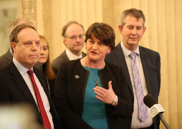 DUP's Arlene Foster and senior party colleagues speaking to the media at Stormont yesterday. David McNarry says: "Capitulation is an ugly term used by the DUP of opponents. Now it appears the term fits them in conceding to Sinn Fein." Photo: Niall Carson/PA Wire