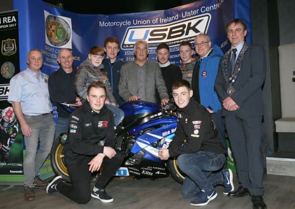 Pictured at the launch of the Ulster Superbike Championship in the Chimney Corner hotel are Irish champions Cameron Dawson (Young Guns), Charles Stuart (Superbikes), Padraig Graham (Moto3), Andrew Smith (Junior Cup), Simon Reid (Supertwins) and Jason Lynn (Supersport). Also included are Mark Sanlon (MCUI UC), Jason Griffiths (Metzeler), Jim O'Brien (AJ Plumbing, title sponsor), Jim Barr (Q Radio) and John McAllister, (MCUI UC Chairman).
