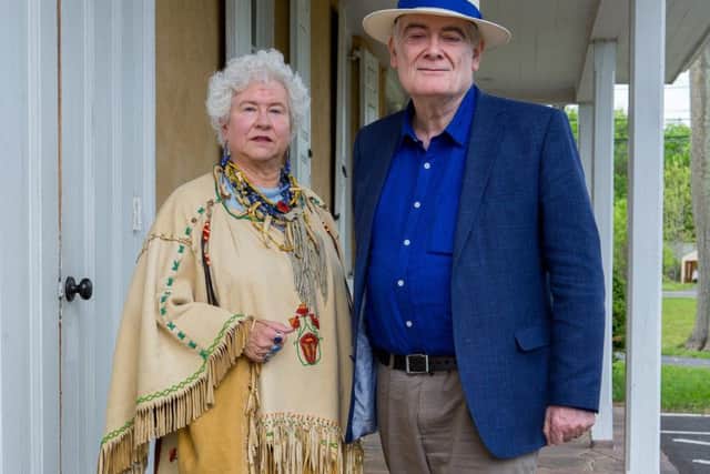 Carla Messinger, Native American Cultural Educator with presenter Bruce Clark. From BBC documentary about Charles Thomson, 'The Man Who Knew Too Much', screened on BBC February 11 2018