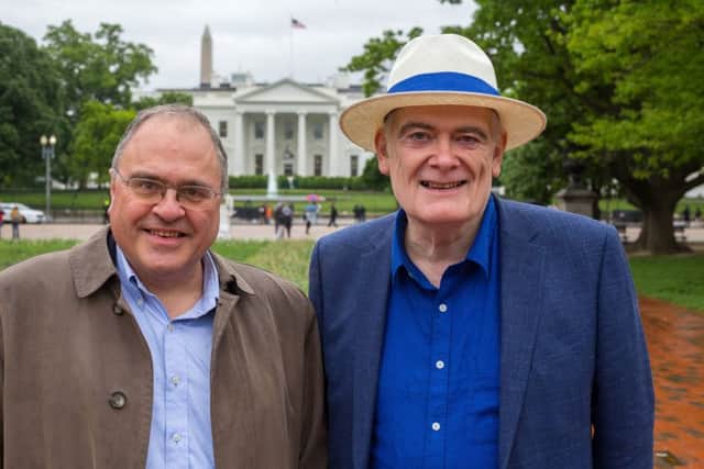 Paul Glastris, speech writer for Bill Clinton, with presenter Bruce Clark at the White House in Washington. From BBC documentary about Charles Thomson, 'The Man Who Knew Too Much', screened on BBC February 11 2018
