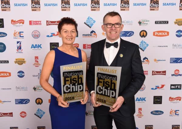 Kate McVeigh and Malachy Mallon on the red carpet representing the Dolphin Takeaway Dungannon as UK Top 3 Finalists for Healthy Eating, Quality Award and Marketing Innovations.