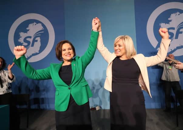 Sinn Fein's newly elected president Mary Lou McDonald (left) and vice president Michelle O'Neill acknowledge the applause of delegates at the party's special conference at the RDS in Dublin. PRESS ASSOCIATION Photo. Picture date: Saturday February 10, 2017. See PA story POLITICS SinnFein. Photo credit should read: Niall Carson/PA Wire