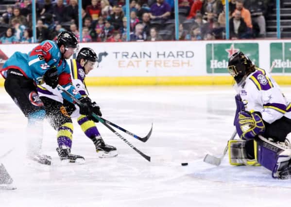 Belfast Giants' Darcy Murphy scoring against Manchester Storm on Sunday's Elite Ice Hockey League game at the SSE Arena in Belfast. Pic by Pacemaker.