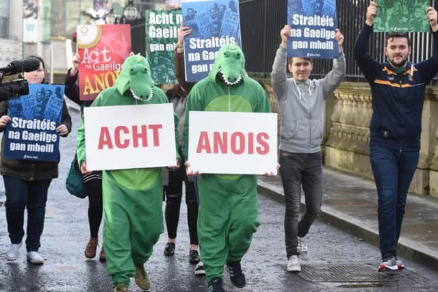Irish language activists protesting outside Belfast High Court last year