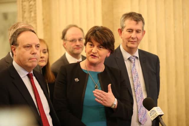 DUP's Arlene Foster speaking to the media at Stormont . Picture date: Monday February 12, 2018. Photo: Niall Carson/PA Wire
