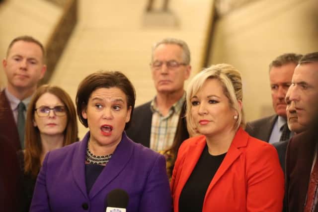 Sinn Fein's president Mary Lou McDonald (left) and Sinn Fein's vice president Michelle O'Neill, speaking to the media at Stormont Parliament buildings.  Picture date: Monday February 12, 2018. Photo: Niall Carson/PA Wire