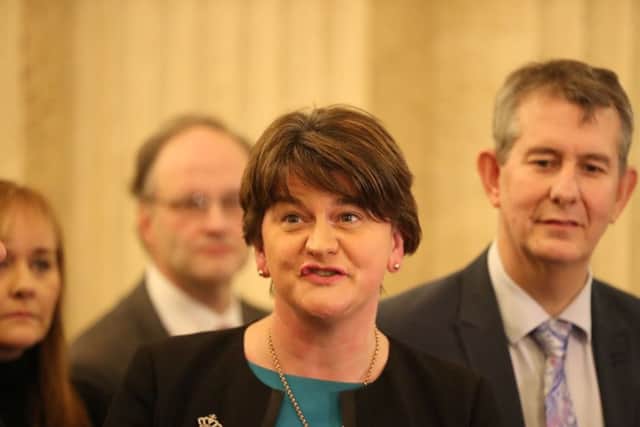DUP's Arlene Foster speaking to the media at Stormont Parliament buildings. Picture date: Monday February 12, 2018. . Photo: Niall Carson/PA Wire