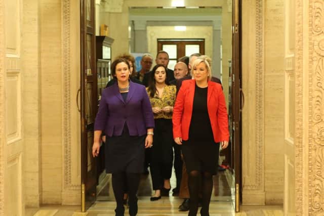 Sinn Fein's president Mary Lou McDonald (left) and Sinn Fein's vice president Michelle O'Neill. Picture date: Monday February 12, 2018. Photo: Niall Carson/PA Wire