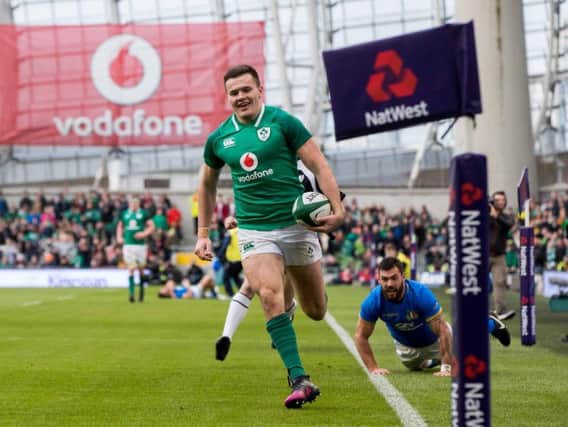 Ireland and Ulster winger Jacob Stockdale goes over for his second try against Italy in the Six Nations