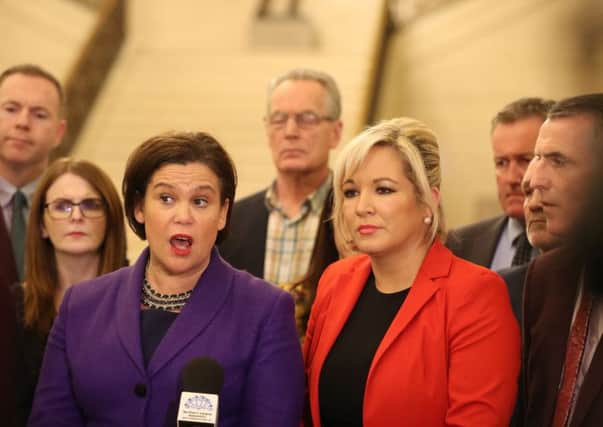 When Declan Kearney, above right, responded to a question in Irish at Stormont at the Sinn Fein press conference on Monday, led by Mary Lou McDonald, Sky News cut away. Photo: Niall Carson/PA Wire