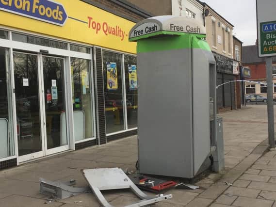 The scene in Darlington, after thieves blew up a cash machine four months after a similar raid obliterated an ATM in the same town.